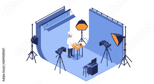 Isometric photography studio setup with chef and lighting equipment