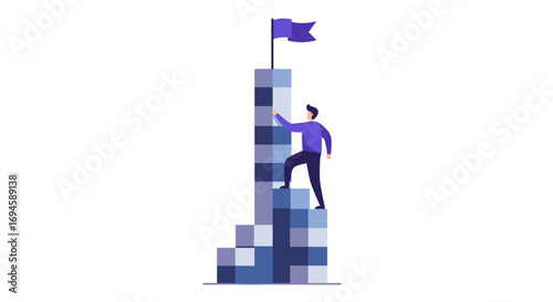 Business success concept with man climbing pixelated blocks to reach flag