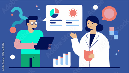 Consultation Scene A doctor discussing microbiome test results with a patient with visuals of graphs and charts in the background.