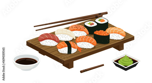 Isometric sushi platter with nigiri and rolls on wooden board