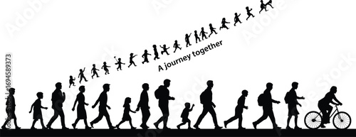 Silhouette of people walking in line, human journey together, growth and progress, life evolution concept, community movement, unity, shared path, development and togetherness