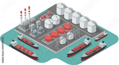 Isometric industrial port with cargo ships and oil tanks