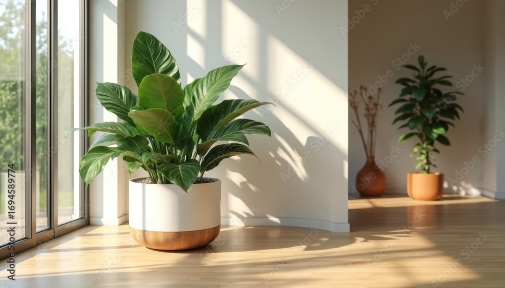 Fototapeta premium Modern interior rich green foliage plant in large white pot with wooden base. Light wood floor, white wall, large windows, natural sunlight creates shadows. Another plant in terracotta pot in