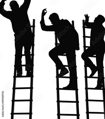 Silhouette of men climbing ladders, teamwork concept, success and challenge, business growth symbol, ambition and leadership, career progress, goal achievement, upward motion concept, unity