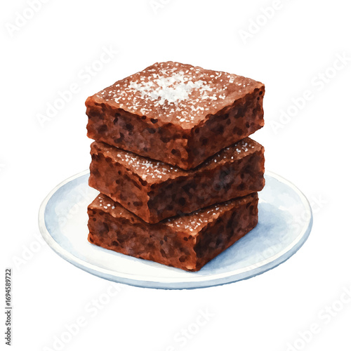 Watercolor Stack of Chocolate Brownies with Sugar Powder Illustration