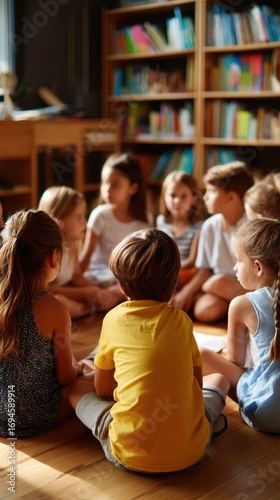 Children's Story Time Diverse Group of Kids Sitting in a Circle on a Wooden Floor in a Sunny Library