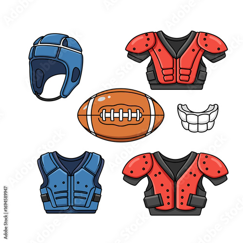 Illustration of American football equipment including helmet, shoulder pads, chest protector, mouth guard, and the ball.
