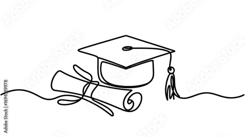 Minimalist graduation cap and diploma line art