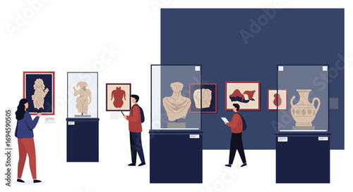Art museum visitors viewing classical sculptures and paintings in modern exhibit