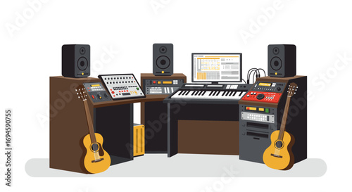 Modern music studio with instruments and equipment in flat design