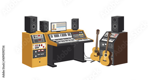 Home music studio with guitars, synthesizer, and audio equipment in a modern setup