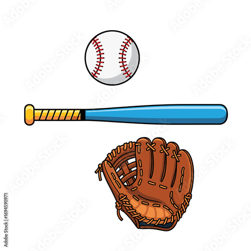 Cartoon illustration of baseball bat, ball, and glove, depicting equipment for the sport.