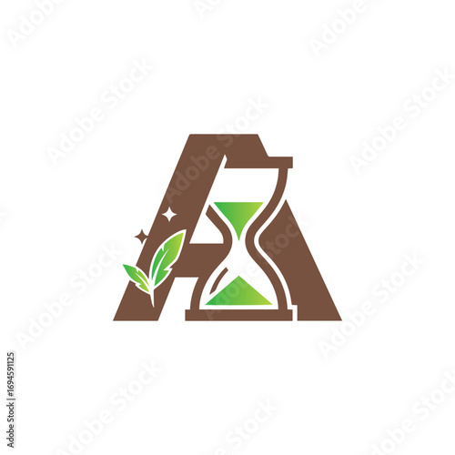 A creative letter A logo with an hourglass and a leaf. This design symbolizes nature, time, and growth, ideal for eco-friendly or sustainable brands.