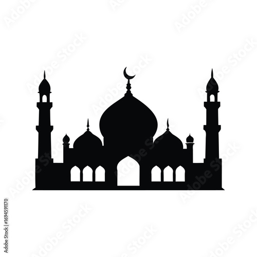 Silhouette of a detailed mosque with minarets and crescent moon, mosque silhouette vector illustration