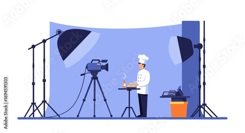 Chef filming cooking show in studio with professional lighting and camera setup