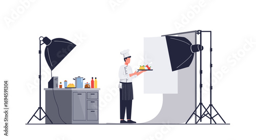 Chef in studio with food and photography equipment in modern flat design