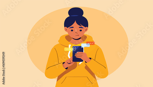 A sad young woman feeling overwhelmed by social media notifications on her smartphone