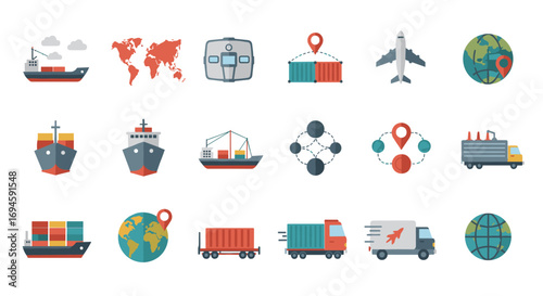 Global shipping and logistics icons with colorful flat design elements