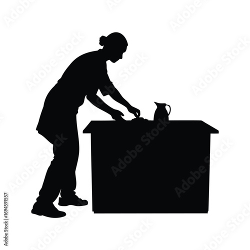 Silhouette of a person arranging food and a jug on a table, person cleaning kitchen counter silhouette vector illustration