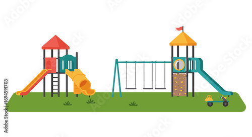 Colorful playground equipment with slides and swings on green field