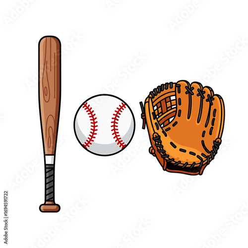 Baseball bat, ball, and glove; classic sports equipment illustration.
