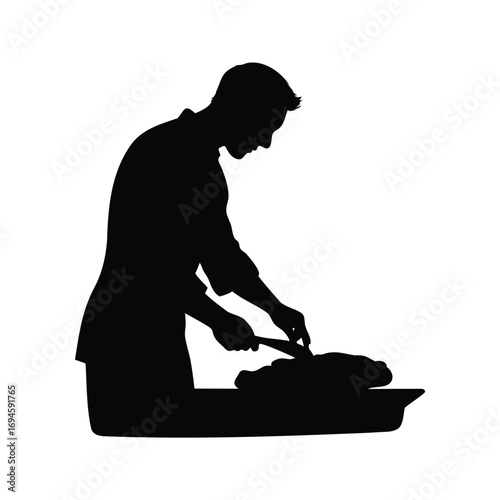 Silhouette of a cook preparing and cutting meat in a professional setting, person cutting meat silhouette vector illustration