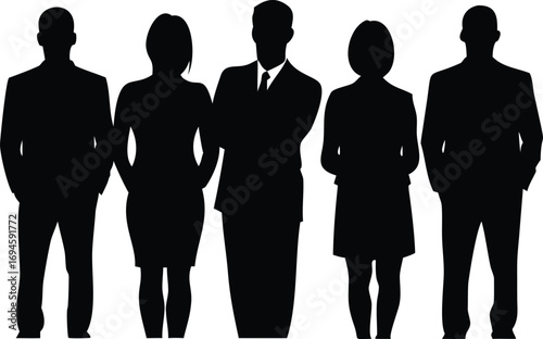 Black Silhouettes of Five Business Professionals Standing on a White Background, Group