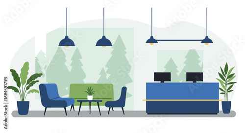 Modern office lounge with plants and minimalist decor in a contemporary setting
