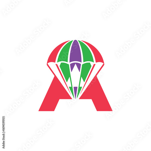 A creative letter A logo combined with a colorful parachute. The design represents adventure, freedom, and safe delivery, ideal for travel or transport brands.