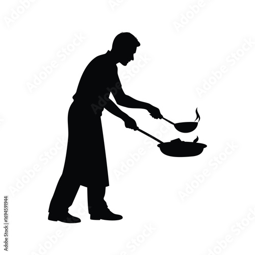 Silhouette of a chef cooking food in a wok with a ladle, person frying food silhouette vector illustration