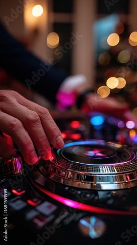 Close up of Hands on a DJ Mixer at a Festive Event with Warm Lighting