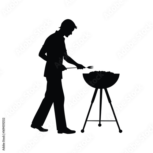 Silhouette of a man grilling with fire in the summer time BBQ, person grilling food silhouette vector illustration