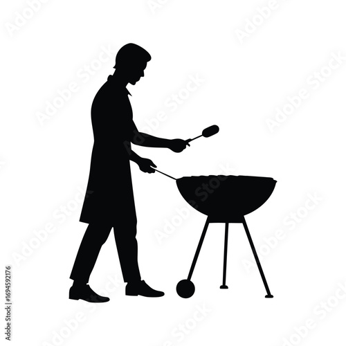 Silhouette of a man grilling over an open flame on a barbecue, person grilling food silhouette vector illustration