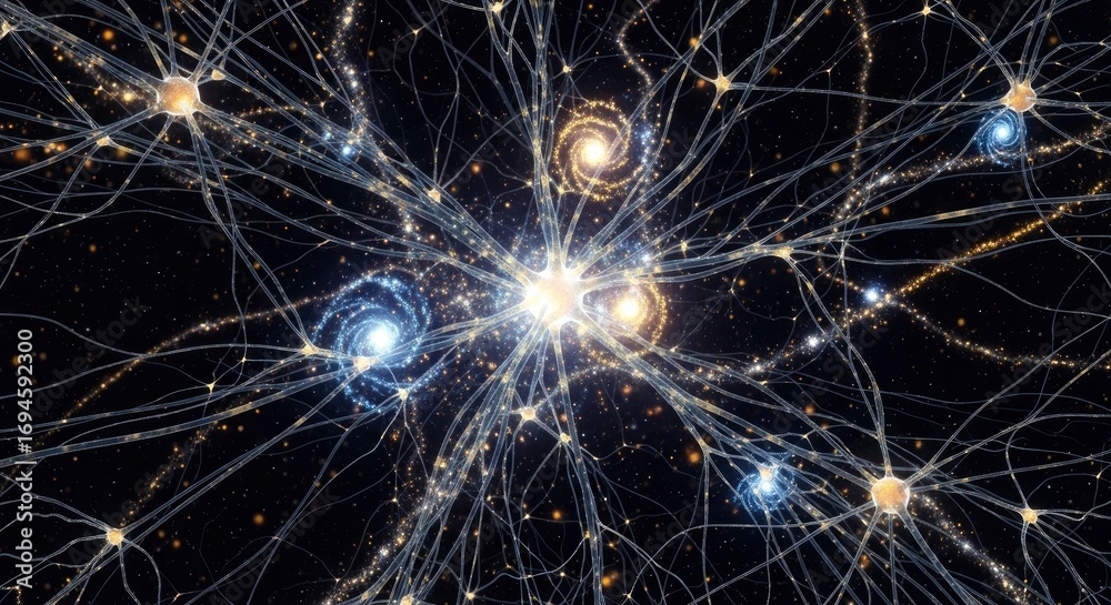 Fototapeta premium Abstract network of glowing nodes and translucent lines on a dark background with sparkling particles and luminous spiral formations