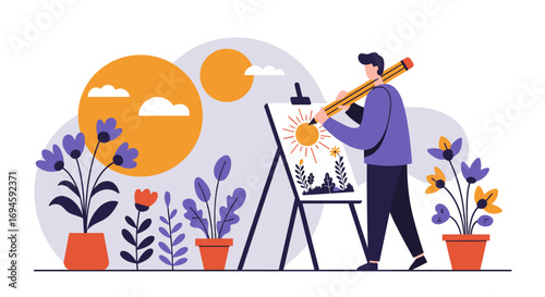 Creative artist painting outdoors with vibrant nature and sun design