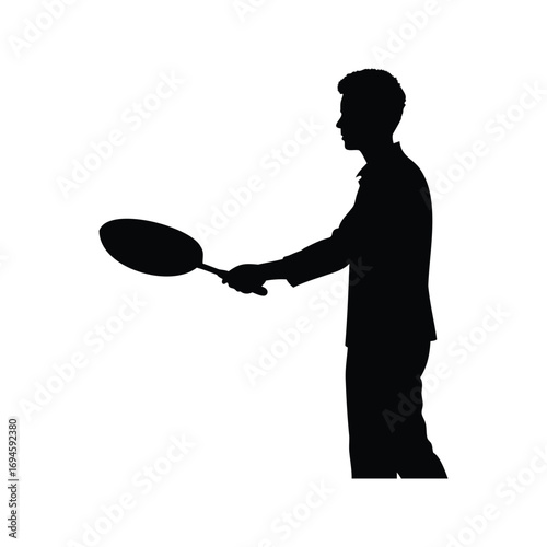 Silhouette of a person holding a frying pan, cooking or tossing food, person holding frying pan silhouette vector illustration
