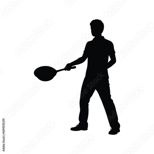 Silhouette of a man holding a frying pan with a neutral background, person holding frying pan silhouette vector illustration