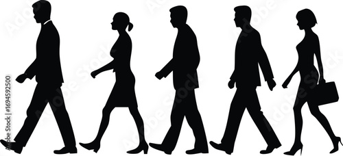 Business Professionals Walking in Silhouette Teamwork and Success Representation, Diverse Group of People