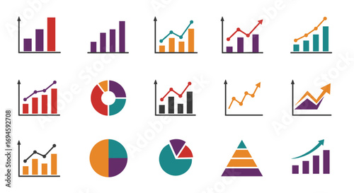 Colorful chart icons set for data presentation and analytics design projects