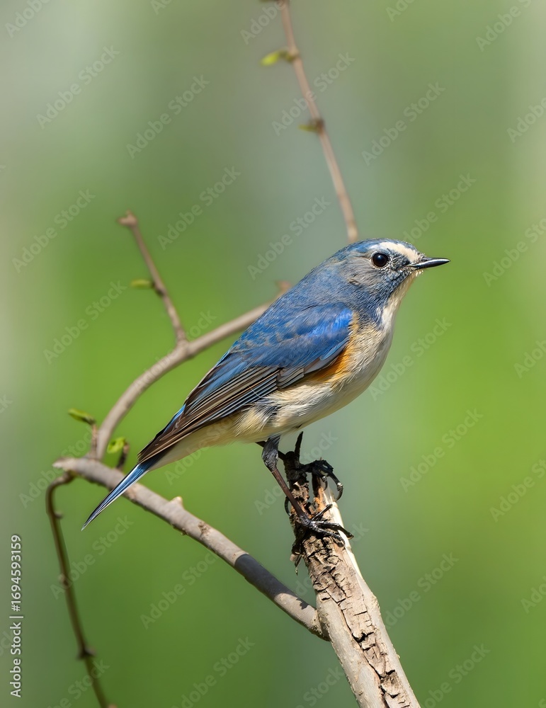 Obraz premium Red-flanked bluetail songbird perched on wooden branch with soft green natural background bokeh