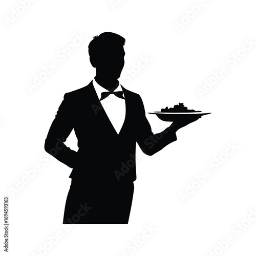 Silhouette of a waiter in tuxedo holding a platter with food art, person serving salad silhouette vector illustration