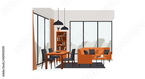 Modern minimalist living room with orange sofa and black accents in bright loft apartment