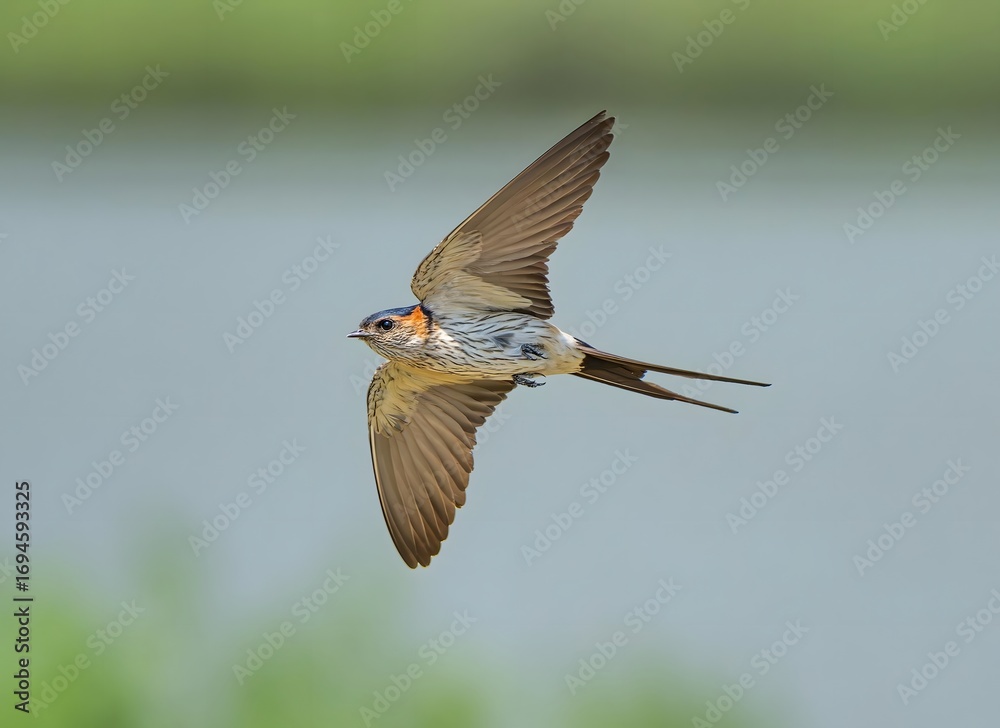 Obraz premium Red-rumped swallow in flight with outstretched wings against soft blurred natural background