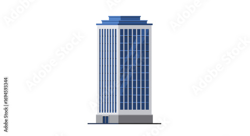 Modern isometric skyscraper with blue accents on white background