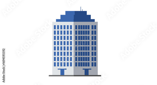 Modern isometric office building with blue accents on white background