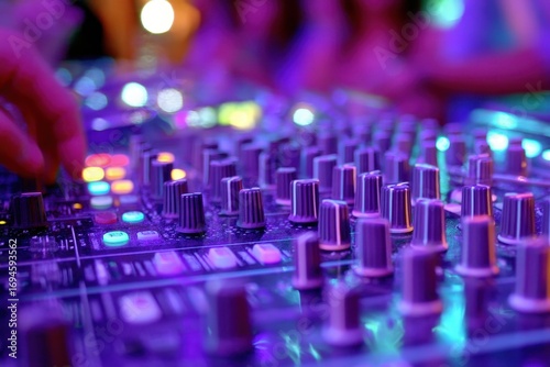 Close Up Of Sound Mixing Console In Vibrant Purple And Blue Lighting