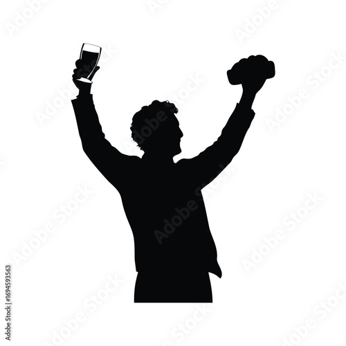 Silhouette of a celebrating person, raising a beer and something fluffy, person toasting bread silhouette vector illustration