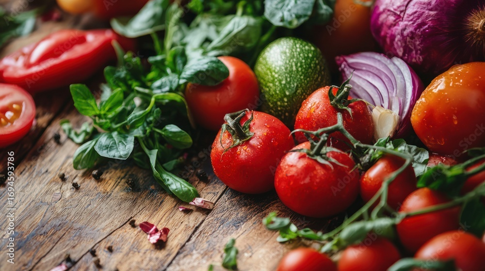 Fresh vegetables on a rustic wooden table. The vegetables include tomatoes, cucumbers, and onions. The setting is a rustic wooden table with a dark brown finish. Fresh vegetables on a rustic wooden table. The vegetables include tomatoes, cucumbers, and onions. The setting is a rustic wooden table with a dark brown finish.
