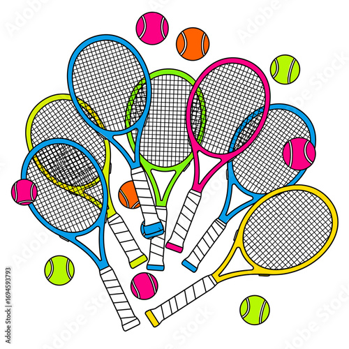 A vibrant illustration featuring a collection of colorful tennis rackets and balls, arranged in a playful composition.