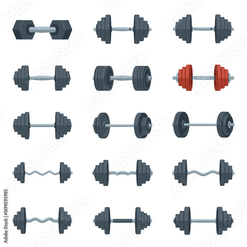 Collection of dumbbell illustrations in various styles, including straight and curved bars, and different weight configurations.